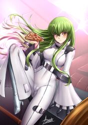 adsouto belts bodysuit c.c. cameltoe code_geass eating_pizza female green_hair long_hair looking_at_viewer pizza straitjacket yellow_eyes