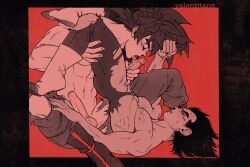 2boys dragon_ball gay licking_penis male male_only partially_nude ren_valentine son_goku thorn_clothes vegeta