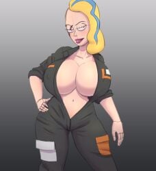 1girls 2d adult_swim beth_smith blonde_hair child_bearing_hips cleavage colossal_breasts diklonius eyebrow_piercing female female_only giant_breasts hi_res huge_breasts jumpsuit looking_at_viewer mature_female milf nipples_visible_through_clothing piercing rick_and_morty round_breasts scar_across_eye shaved_side sketch solo space_beth thick_thighs wide_hips