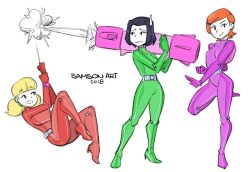 2010s 2018 3_bodysuits 3girls aged_up bazooka ben_10 big_breasts black_hair blonde_female blonde_hair blonde_hair_female bodysuit cosplay crossover crossover_cosplay female female_only green_bodysuit gwen_tennyson inspector_gadget jackie_chan_adventures jade_chan light-skinned_female normal_breasts penny_gadget perky_breasts pink_bodysuit pointy_breasts red_bodysuit red_hair samson_00 short_hair small_breasts totally_spies twintails white_skin whoops