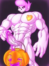 1boy 2019 balls baobaoart bara barazoku big_balls big_penis completely_nude cum cum_drip cum_dripping_from_penis erection gay genital_fluids halloween hi_res highres holidays jack-o'-lantern jack_o'_lantern lewis_the_skeleton looking_at_viewer male male_focus male_only manly muscular_male mystery_skulls nude penis pink_body pink_hair pumpkin skeleton skull_head solo solo_male yaoi