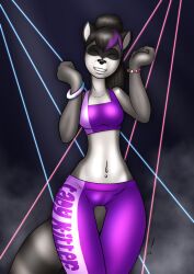 2023 anthro biped black_hair black_markings black_nose blue_highlights bottomwear bracelet breasts camel_toe closed_eyes closed_smile clothed clothing countershade_face countershade_torso countershading crop_top danaume dancing english_text eyebrows facial_markings female fully_clothed genital_outline grey_body hair head_markings hi_res highlights_(coloring) inside jewelry mammal markings mask_(marking) midriff mouth_closed multicolored_body navel navel_piercing pants piercing ponytail procyonid pussy pussy_outline raccoon ring_(marking) ringtail shirt short_hair smile solo standing tail tail_markings text text_on_clothing tight_bottomwear tight_clothing tight_pants topwear two_tone_body white_body