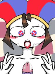 2023 2d 2d_(artwork) 2d_artwork brown_hair cum cum_in_mouth dick female female_only fingers glitch_productions gooseworx jester jester_cap jester_costume jester_girl jester_hat male penis pomni pomni_(the_amazing_digital_circus) purple_dildo solo solo_female the_amazing_digital_circus