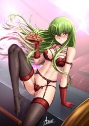 adsouto blush blush c.c. cameltoe code_geass eating_pizza green_hair lingerie lingerie_only long_hair looking_at_viewer pizza red_lingerie stockings yellow_eyes