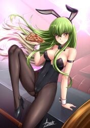 adsouto armband bunny_costume bunny_ears bunny_girl bunnysuit c.c. cameltoe code_geass eating_pizza female green_hair heels long_hair looking_at_viewer pantyhose pizza yellow_eyes