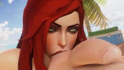 1boy 1girls 3d alternate_eye_color animated ball_sucking balls beach bewyx big_penis close-up earrings freckles league_of_legends light-skinned_female light-skinned_male light_skin miss_fortune nude oral partial_male red_hair red_lipstick riot_games sarah_fortune smiling sound sucking sucking_balls video voice_acted yellow_eyes