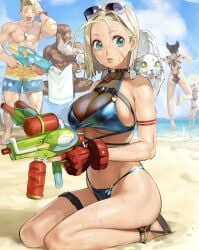 beach bikini blonde_hair cammy_white capcom conto dhalsim fighting_game juri_han luke_sullivan manon_legrand multiple_girls street_fighter street_fighter_6 sunglasses sunglasses_on_head swimsuit