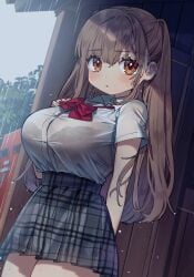 1girls bangs black_bra blush bow bowtie bra bra_visible_through_clothes breasts brown_eyes brown_hair collared_shirt cowboy_shot female grey_skirt kodama_(sakura_yuki) large_breasts long_hair looking_at_viewer outdoors parted_lips plaid plaid_skirt pleated_skirt rain red_bow red_bowtie sakura_yuki_(clochette) school_uniform see-through see-through_clothing see-through_top shelter shirt shirt_tucked_in short_sleeves skirt solo tented_shirt two_side_up underwear wet wet_clothes wet_shirt white_shirt