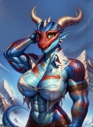 1girls ai_generated anthro blue_skin dragon dragon_girl dragoness horns kobold looking_at_viewer mountain naked_female nipple_bulge nipples reptile saturnvsmars scales scalie sharp_claws sharp_teeth skyrim smiling solo stable_diffusion standing table tail western_dragon yellow_eyes