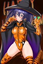 1girls 2d bang-2n2l black_hair black_rock_shooter black_rock_shooter_(character) blue_eyes blush boots breasts candy cape choker female gloves halloween halloween_costume leggings leotard lollipop long_hair navel orange_gloves orange_legwear smooth_skin thighs twintails witch_hat