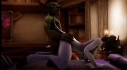 big_ass big_breasts big_penis bigger_female blue_skin doggy_style draenei draenei_female goblin_(warcraft) green_skin size_difference small_dom_big_sub smaller_female thick_thighs vaginal_penetration vaginal_sex waist_grab warcraft