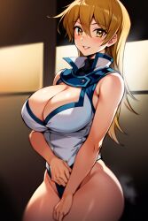 ai_generated alexis_rhodes ass blonde_hair blush bottomless breasts hiding_pussy long_hair no_panties no_skirt pussy school_uniform smile yellow_eyes yu-gi-oh! yu-gi-oh!_gx