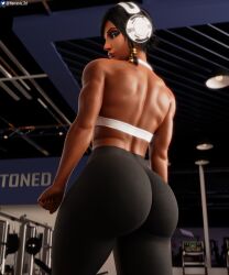 1girls 3d absurd_res ass athletic athletic_female back back_muscles big_ass blizzard_entertainment dark-skinned_female female female_only fit fit_female gym headphones hi_res highres muscular_arms muscular_back nemesis_3d overwatch pharah solo standing thick_thighs thighs