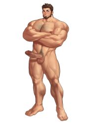 1boy bara beard blush brown_hair chest_hair closed_mouth completely_nude crossed_arms erection facial_hair highres large_pectorals male_focus male_pubic_hair muscular muscular_male nude official_art oji-mama_(skskdan) pectorals penis pubic_hair short_hair simple_background sisimaru_hoshiura solo testicles ttn_(239_239) white_background