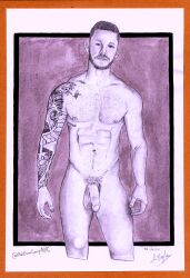 circumcised gay gay_male gay_pornstar hairy_chest hand_drawn matthew_camp muscular muscular_male naked naked_male pencil pencil_sketch pencil_skirt porn_star sketches_by_adab stripper tattooed_arm