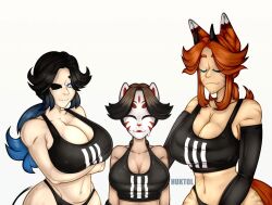 3girls adidas between_breasts big_ass big_breasts big_butt big_legs black_hair blue_eyes blue_hair brown_hair dark_hair dark_skin dark_skinned_female fox_tail fox_tails green_eyes hair_tail horn horns horny horny_female huktol kitsune mask medium_support_(meme) multiple_girls oil one_eye one_eye_closed original original_character os ponytail pornography red_hair sex sports_bra sportswear strong_woman sweat tail wavy_hair white_background white_skin white_skinned_female