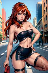 ai_generated bimbo bloom_(winx_club) blue_eyes exposed_midriff exposed_pussy female fishnet_stockings fishnets going_commando human jpeg lipstick looking_at_viewer miniskirt no_panties prostitute prostitution pussy red_hair street tubetop winx_club