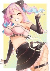 blush breasts female fishnet_pantyhose grin hozuki_kaede large_breasts long_hair looking_at_viewer midriff miniskirt navel onii-chan_wa_oshimai! pink_eyes pink_hair rn85985 skirt solo w wink