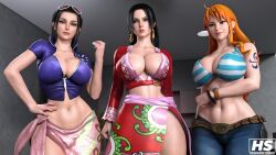 3d 3d_(artwork) 3girls ass big_ass big_breasts bikini bikini_top black_hair blue_eyes boa_hancock breasts cleavage dress eyewear_on_head female female_only form_fitting hagiwara_studio jeans large_breasts lipstick long_hair looking_at_viewer nami nami_(one_piece) nico_robin one_piece orange_hair orange_hair_female pants post-timeskip skirt striped_bikini sunglasses_on_head tagme tattoo thick_thighs tight_clothing tight_pants wide_hips