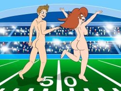 1boy 1girls ass benjamin_(monica_and_veronica) big_ass breasts exhibitionism football_field happy_female light-skinned_female light-skinned_male light_skin monica_(monica_and_veronica) monica_and_veronica nude public_nudity starrshineart starshineart tagme