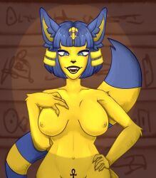 animal_crossing ankha ankha_(animal_crossing) big_breasts big_legs blue_eyes blue_hair cat_ears cat_girl cat_tail catgirl fangs gold huktol nintendo nipples pornography striped_tail tail tattoo tummy wool wool_(fur)