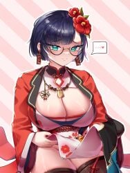 breasts dark_blue_hair earrings flower_in_hair glasses green_eyes guardian_tales hair_ornament pill_refiner_win_ling_(guardian_tales) semi-rimless_eyewear short_hair simple_background striped_background tagme win_ling_(guardian_tales)