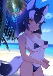 bikini blush breasts covered_nipples female grey_wolf_(kemono_friends) heterochromia kemono_friends large_breasts looking_at_viewer masuyama_ryou navel ocean open_mouth outdoors palm_tree sky smile solo tanlines wolf_ears wolf_girl wolf_tail