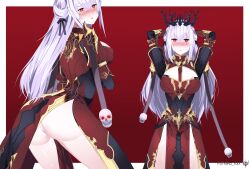 1girls arms_up ass ass_up blush breasts dress female_only hair horn lesbian long_hair lydia_ruina_(oc) non-human oc original_character pale-skinned_female pstmiko_rblx red_eyes skull tagme tomb_raiser_(trove) trove trovian undead upskirt white_hair yuri