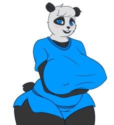 bear big_breasts big_nipples big_thighs black_and_white_body black_body blue_eyes blue_shirt blue_shorts breasts copyright_request erosgodlove fanart fanart_from_twitter female giant_breasts giant_panda joaoppereiraus panda shorts sueli_(joaoppereiraus) thighs