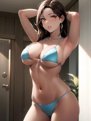1girls ai_generated ai_mirror arm_pits arms_up belly_button blue_bra blue_panties blue_underwear blush brown_eyes brown_hair door earrings hands_behind_head long_hair looking_at_viewer medium_breasts plant small_underwear white_skin wooden_wall