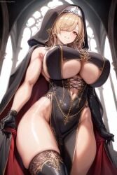 1girls ai_generated ai_love_higokko blonde_hair breasts female hi_res hips holaraai huge_breasts light-skinned_female light_skin long_hair massive_breasts nun nun's_habit nun_outfit original original_character red_eyes thick_thighs thighs wide_hips