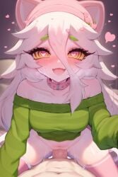 ai_generated blush cat_ears catgirl cattail_(chikomokii) cattail_(pvz) cowgirl_position heart heart-shaped_pupils hearts_around_head looking_at_viewer plants_vs_zombies sex sweat 城-shiro✤