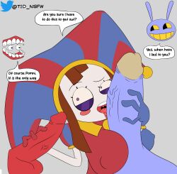 2023 2boys 2d 2d_(artwork) 2d_artwork artist_request breasts brown_hair caine_(the_amazing_digital_circus) confused dialogue dialogue_box female glitch_productions gloves gooseworx hands_on_penis jax_(the_amazing_digital_circus) jester jester_costume jester_hat jester_outfit licking_penis looking_at_partner male medium_breasts penis pomni pomni_(the_amazing_digital_circus) purple_penis red_penis short_hair straight tagme the_amazing_digital_circus tongue tongue_out veiny_penis white_body