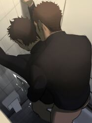 2boys against_wall anal ass bara bathroom bottomless brown_hair cum ejaculating_while_penetrated ejaculation facial_hair facing_down from_above goatee goburin_second handsfree_ejaculation highres long_sideburns male_focus multiple_boys original sex short_hair sideburns sideburns_stubble standing standing_sex yaoi