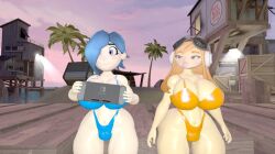 2girls 3d 3d_(artwork) beach big_ass big_breasts big_hips bikini boob_window bubble_gum classic_tari_(smg4) female female_only hourglass_figure human_meggy meggy_spletzer nintendo_switch sideass smg4 tari_(smg4)