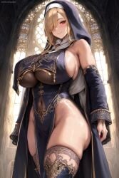 1girls ai_generated ai_love_higokko blonde_hair breasts female hi_res hips holaraai huge_breasts light-skinned_female light_skin long_hair massive_breasts nun nun's_habit nun_outfit original original_character red_eyes thick_thighs thighs wide_hips