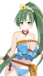 1girls absurdres alternate_costume bare_shoulders bikini blue_bikini blue_swimsuit breasts cleavage earrings facing_viewer female female female_only fire_emblem fire_emblem:_the_blazing_blade fire_emblem_heroes flower green_eyes green_hair hair_flower hair_ornament high_ponytail highres jewelry large_breasts long_hair looking_at_viewer lyn_(fire_emblem) lyn_(summer)_(fire_emblem) n_54 nintendo official_alternate_costume ponytail smile solo swimsuit upper_body very_long_hair white_background