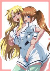 2girls blonde_hair blue_eyes breasts brown_hair couple covered_nipples fate_testarossa groping highres large_breasts lyrical_nanoha mahou_shoujo_lyrical_nanoha multiple_girls nipples red_eyes saliva saliva_trail school_uniform side_ponytail takamachi_nanoha tappa_(esperanza) tongue uniform yuri