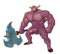 2_horns abs anthro anthro_only axe balls boner bovid bovine cattle demon_bull_king erection facial_piercing furry genitals hi_res holding_axe holding_object holding_weapon hooves horn humanoid_genitalia humanoid_penis lego_monkie_kid male male_only mammal muscular muscular_anthro muscular_male nose_piercing nude peapeafur pecs penis piercing purple_balls purple_body purple_penis simple_background solo solo_male weapon white_background