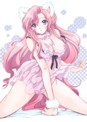 1girls akina_tsukako blue_eyes breasts cat_ears code_geass euphemia_li_britannia exposed_nipples female long_hair pink_hair solo