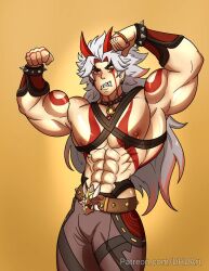 arataki_itto bara body_markings bulge dhd_art flexing genshin_impact horns male male_only muscles muscular oni solo solo_male white_hair