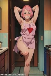 1girls 2dvice ai_generated apron apron_lift apron_only big_breasts big_thighs blush bottomless breasts covered_nipples covering covering_breasts fantasy female female_only green_eyes hands_behind_head happy happy_female heart heroine house housewife human human_only kitchen looking_at_viewer loyalservant naruto naruto_(series) pink_dress pink_hair sakura_haruno short_dress sideboob smile smiling smiling_at_viewer solo thick_thighs wife