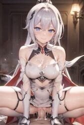 1boy 1boy1girl 1girls ai_generated arms_tied_to_legs big_breasts blue_eyes cape clothed clothed_sex clothing cowgirl_position cowgirl_position cum cum_in_pussy cum_inside cum_on_breasts female_focus hair hair_ornament honkai_(series) honkai_impact_3rd kiana_kaslana kiana_kaslana_(herrscher_of_flamescion) long_hair looking_at_viewer pixai ponytail pov riding riding_penis sex smile thighhighs translucent_thigh_highs uncensored white_clothing white_hair