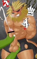 abs absurd_res anthro ball_grab balls bandai_namco bantau blonde_hair blush bodily_fluids bondage bound clothing cum digimon digimon_(species) duo erection genital_fluids genitals hair handjob hi_res leomon male male/male male_only mane muscular muscular_anthro muscular_male ogremon orgasm pecs penile penis pubes sex torn_clothing underwear vein veiny_penis