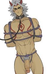 arataki_itto balls bara body_markings bondage flaccid genshin_impact horns male male_only muscles muscular nude oni penis rope solo solo_male spiked_penis toumaart white_hair