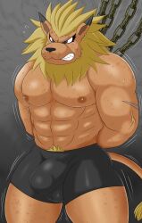 abs absurd_res anthro bandai_namco bantau blonde_hair blush bondage bound bulge clenched_teeth clothing detailed_bulge digimon digimon_(species) hair hi_res leomon male male_only mane muscular muscular_anthro muscular_male pecs scuff_marks solo teeth underwear