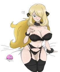 1girls big_breasts black_bra black_panties black_thighhighs blonde_hair blue_eyes blush bottomwear bra breasts cleavage cynthia_(pokemon) female female_only game_freak garter_straps hair hair_over_one_eye heart hips huge_breasts lace lace-trimmed_bra lace-trimmed_garter_belt lace-trimmed_legwear lace-trimmed_panties lace-trimmed_thighhighs lace_trim legwear lingerie long_hair mature mature_female mature_woman panties pokémon pokeball pokemon pokemon_champion pokemon_dppt smile solo solo_female thick_thighs thighhighs thighs topwear waagh