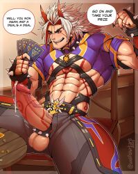 arataki_itto balls bara big_penis blush body_markings boner clothing erection genshin_impact horns male male_only muscles muscular oni penis penis_out solo solo_male speech_bubble white_hair wolfshirtart