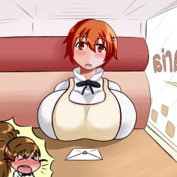 2girls alternate_breast_size big_breasts brown_hair female female_only huge_breasts hyper_breasts inami_mahiru long_hair multiple_girls orange_hair ponytail short_hair taneshima_popura tight_clothing tokidokisuiyobi working!!