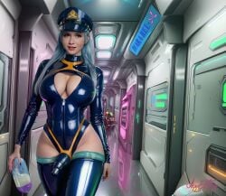 ai_generated ayyefftee big_breasts cock_sleeve cum_container futanari harness latex latex_bodysuit latex_legwear latex_stockings latex_suit original original_character photoshop plugsuit room_service science_fiction shiny shiny_clothes silver_hair spaceship stable_diffusion uniform